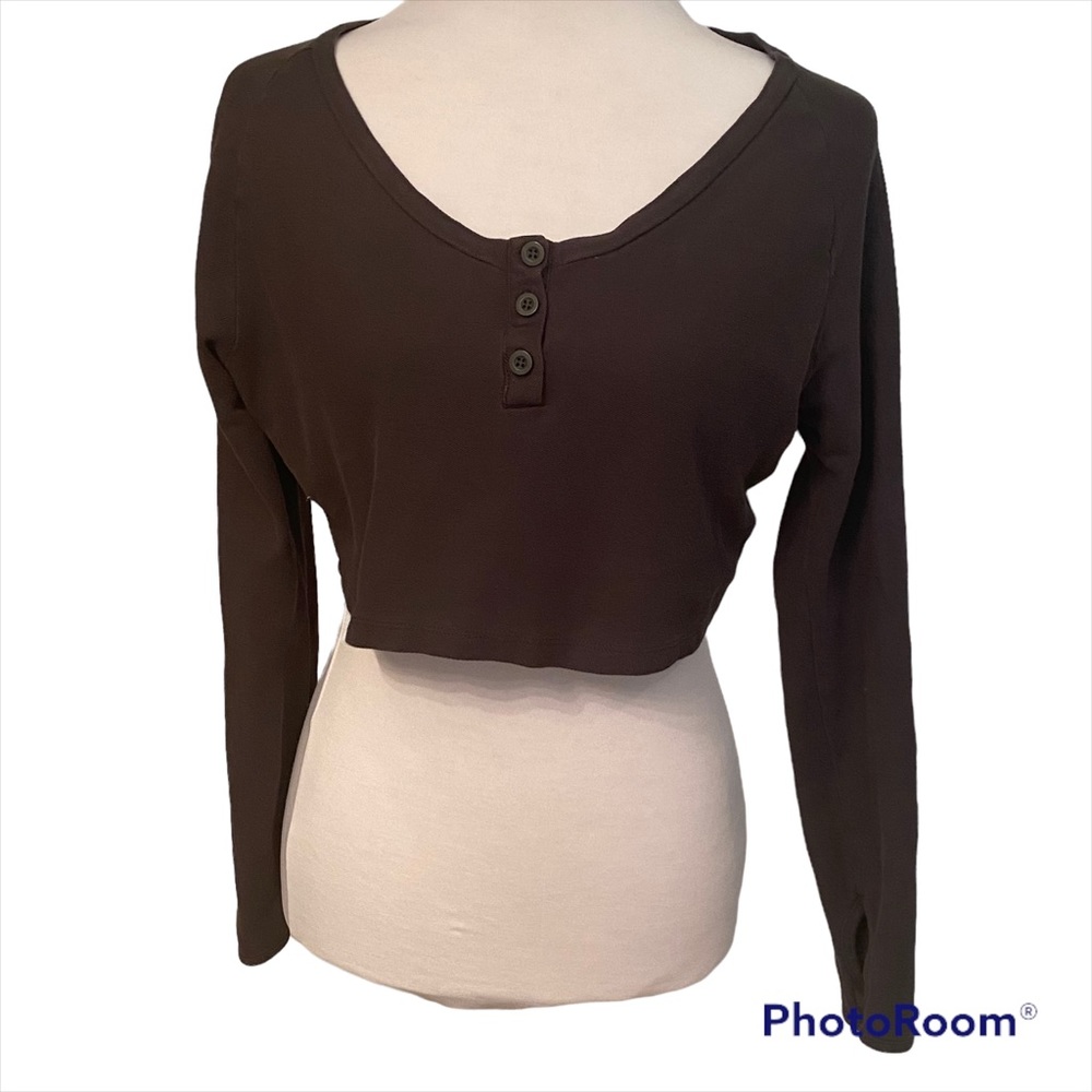 GYMSHARK TOP CROPPED DARK GRAY SCOOP NECK LONG SLEEVE THUMB HOLES FITNESS SIZE L